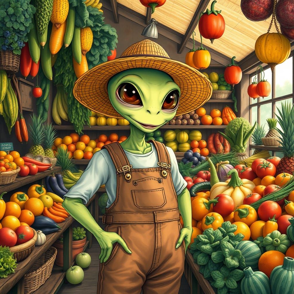 Alien Farmer at Farmstand in Whimsical Style