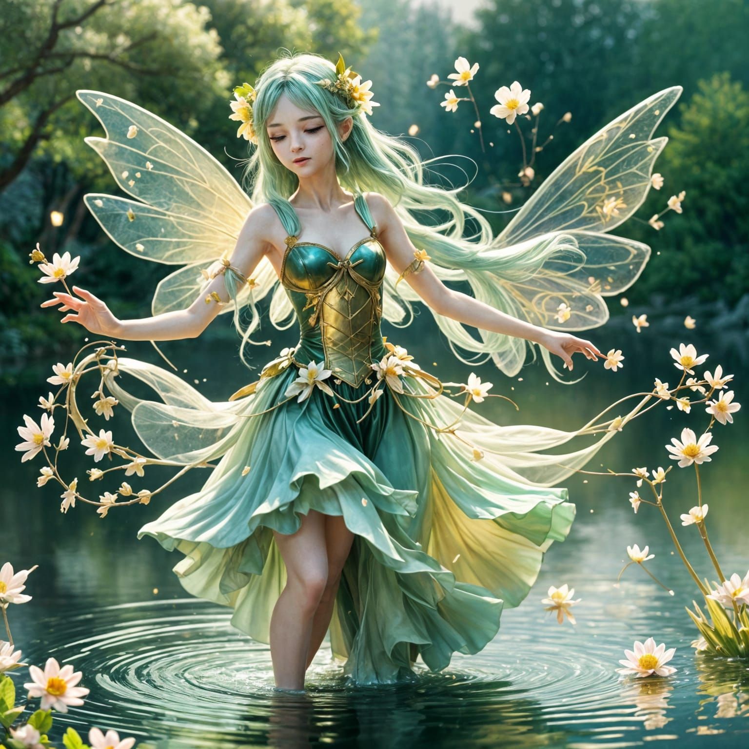 Lovely Green Fairy Dancing by a Lake