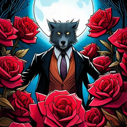 Gothic Cartoon Werewolf in Crimson Rose Garden