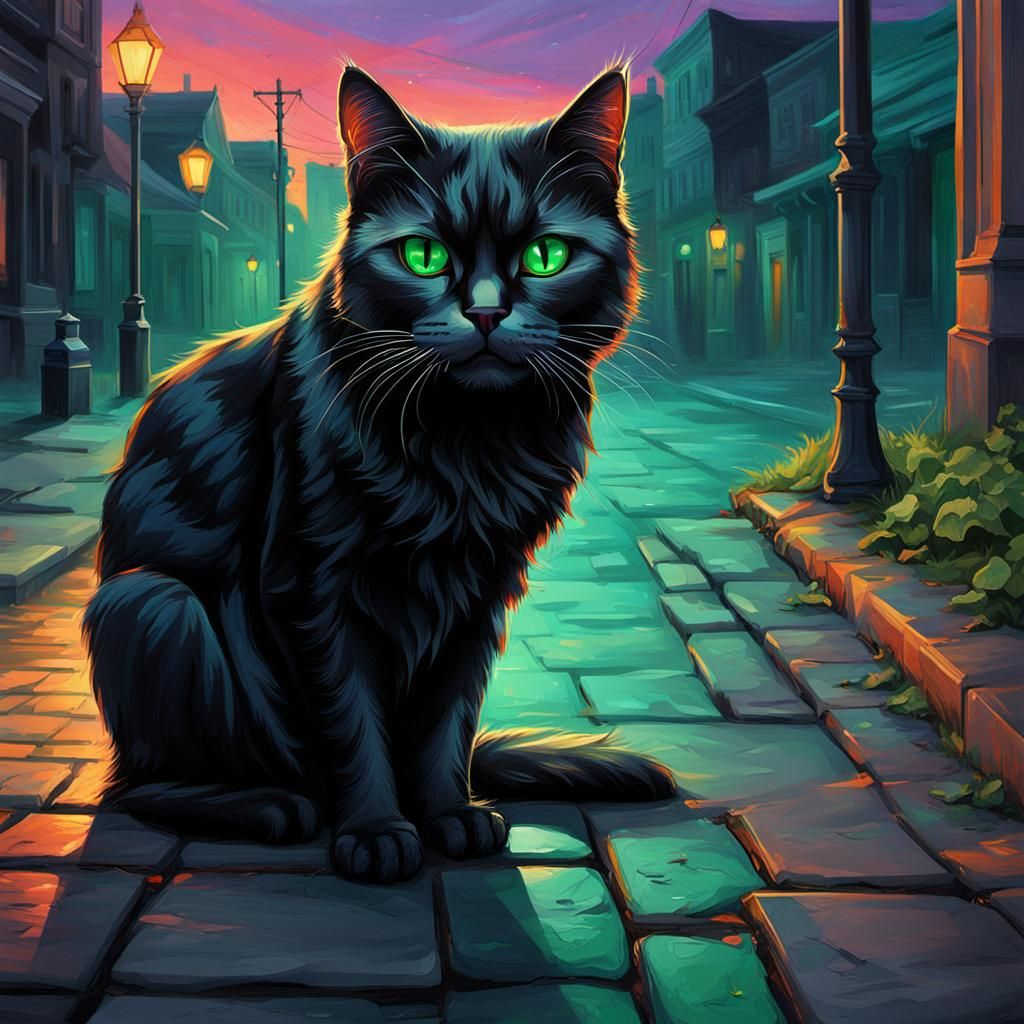 Emerald-Eyed Black Cat Glaring: Hyperrealistic Dusk Scene