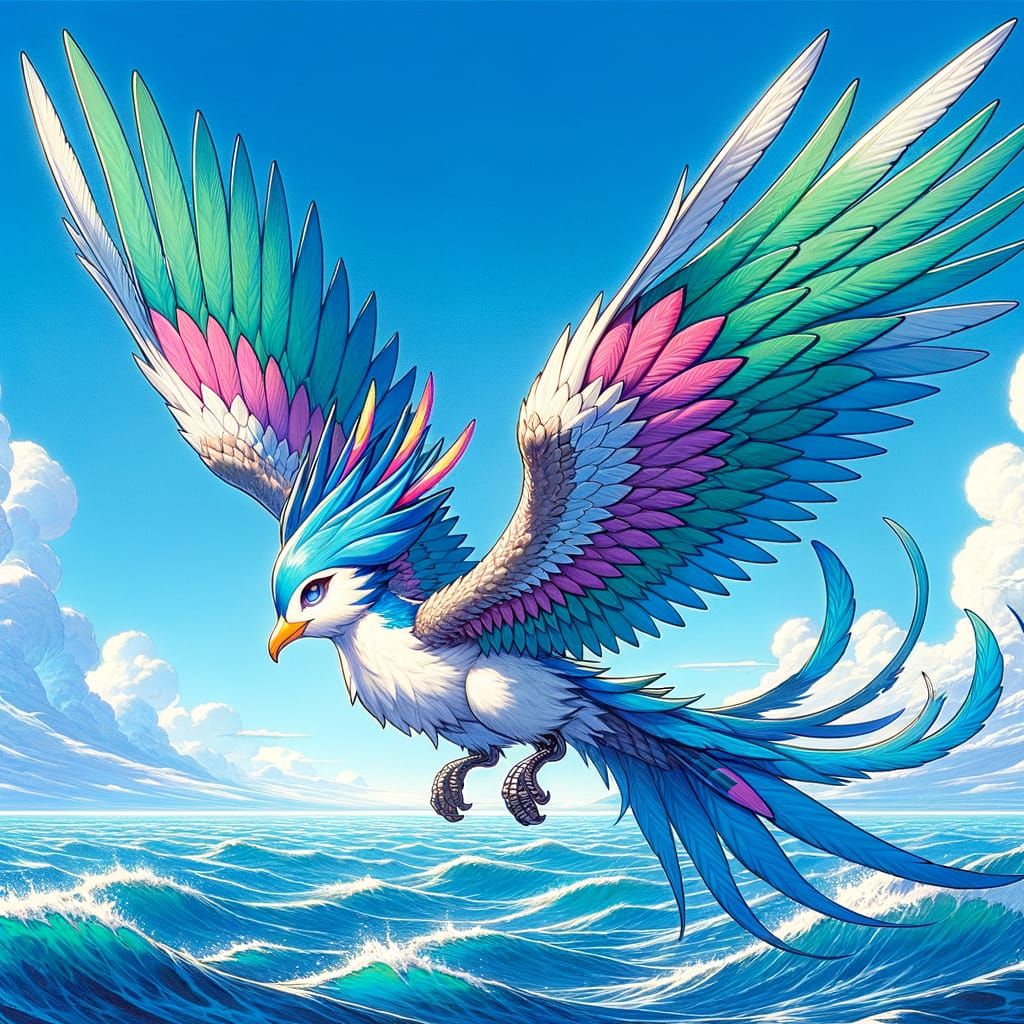 Anime-Style Seagull Soars Over Serene Ocean