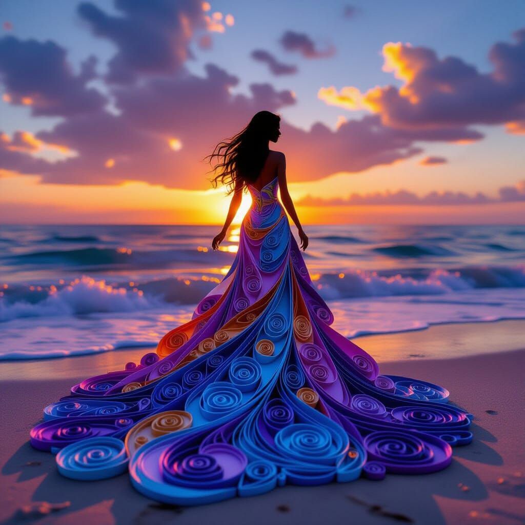 Paper Quilling Sunset Scene with Flowing Dress