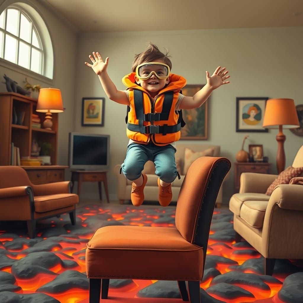 Vibrant Child Leaps Over Lava in Whimsical Living Room Scene