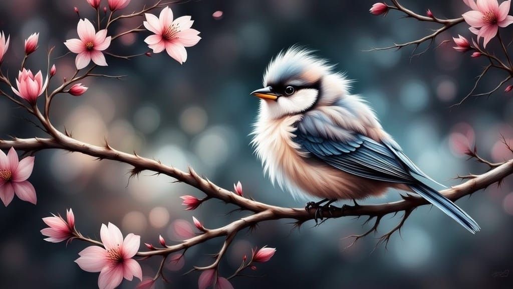 Dreamy Pastel Bird in Flowering Tree: Digital Art