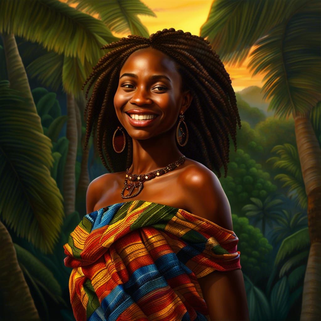 Happy African Girl in Jungle Beach Sunset