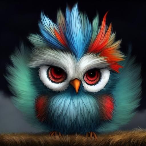 Gothic-Punk Baby Bird with Blue Mohawk Feathers