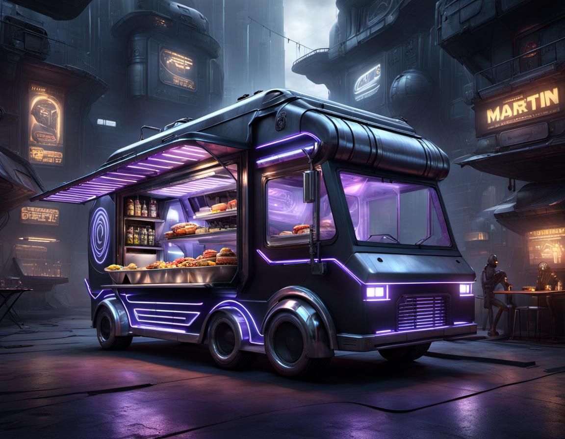 Futuristic Flying Food Truck in Alien City