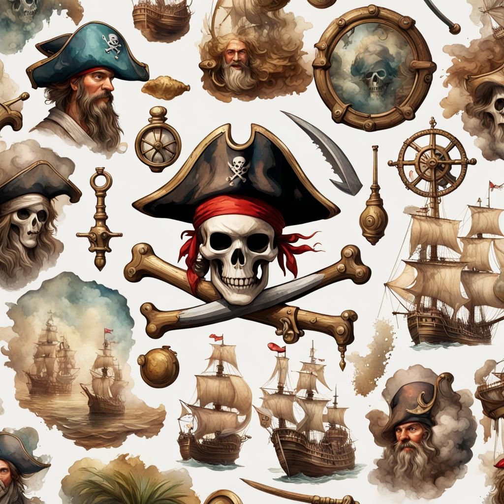 Pirate Character Stickers in Watercolor Style