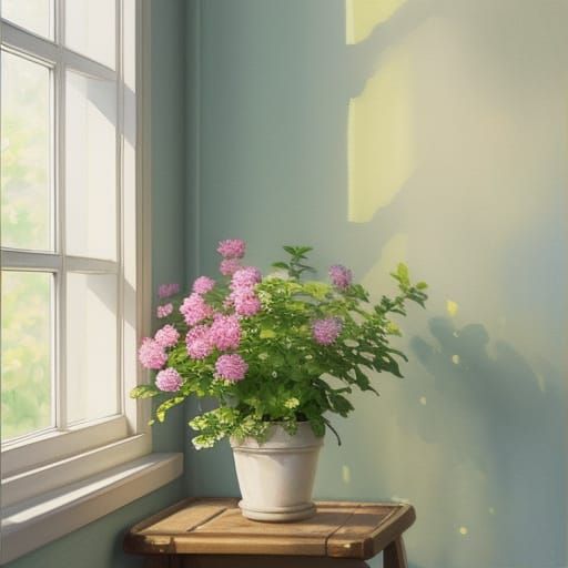 Sunny Windowsill with Plant in Watercolor Style