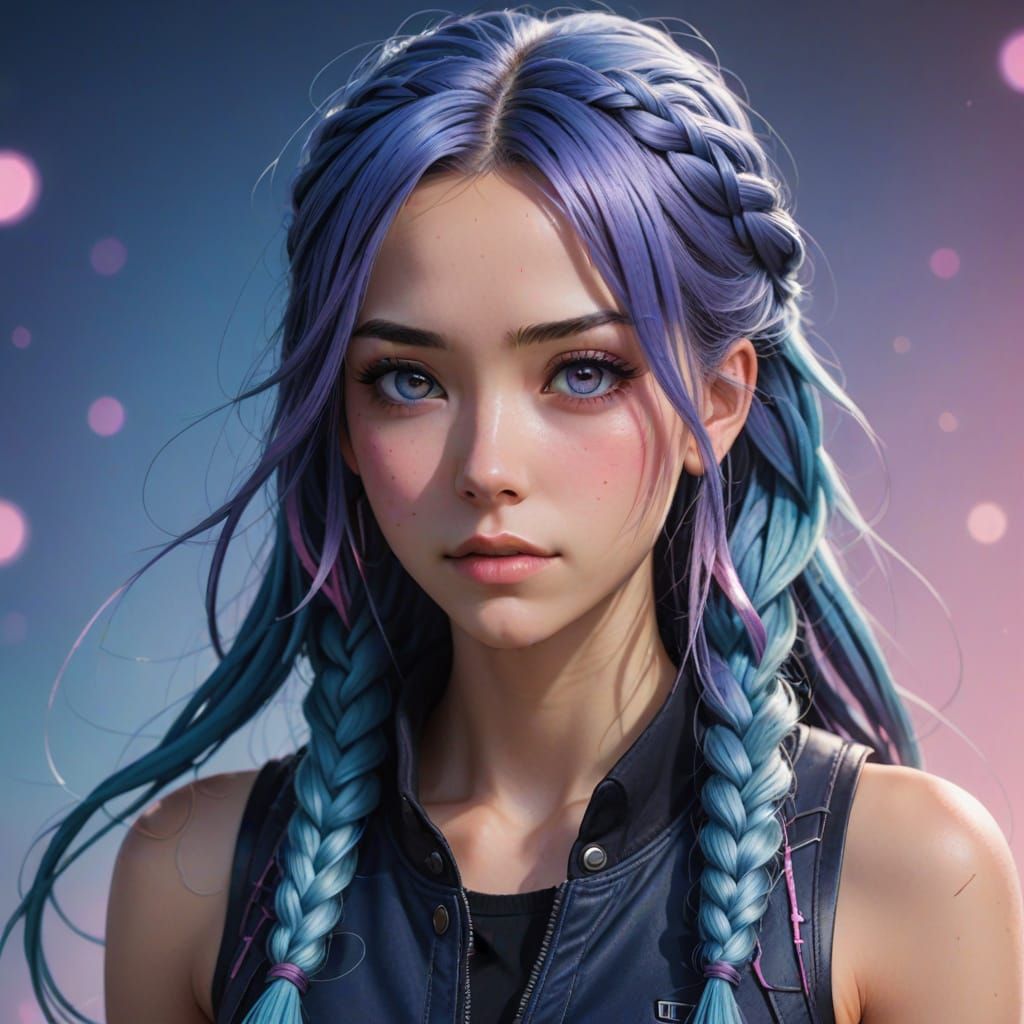 Young Woman with Vibrant Braids and Glowing Eyes in Anime St...