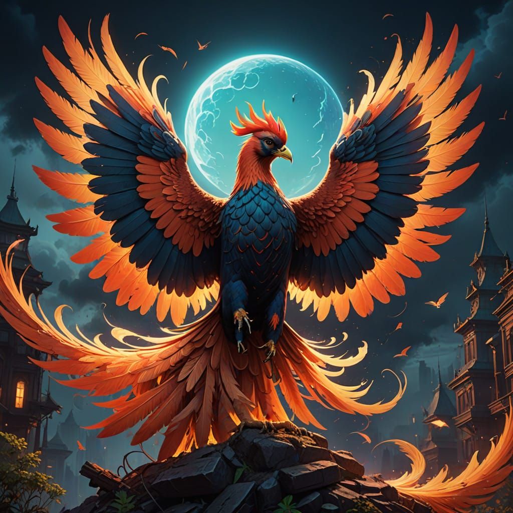 Majestic Phoenix and Moth in Harmonious Yin-Yang Symbol