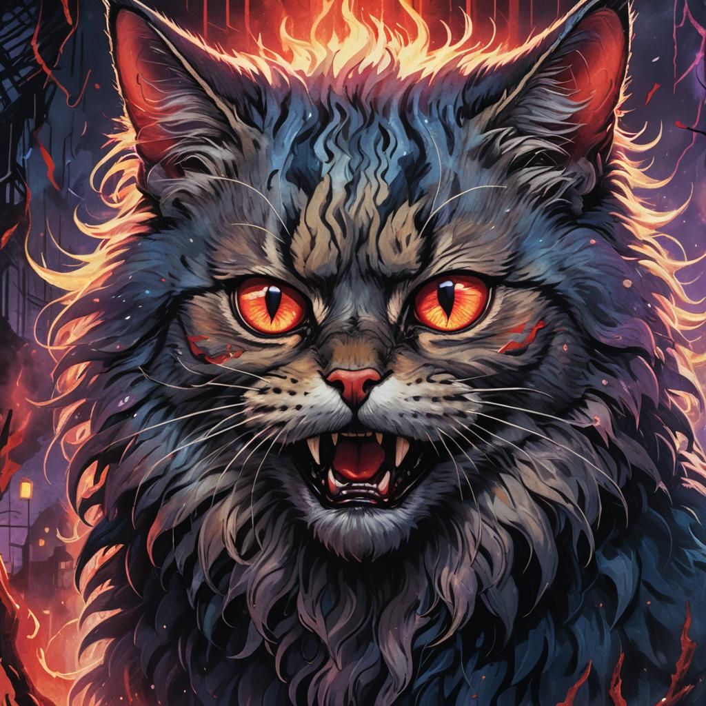 Evil Cat Confrontation: Dark Fantasy Illustration