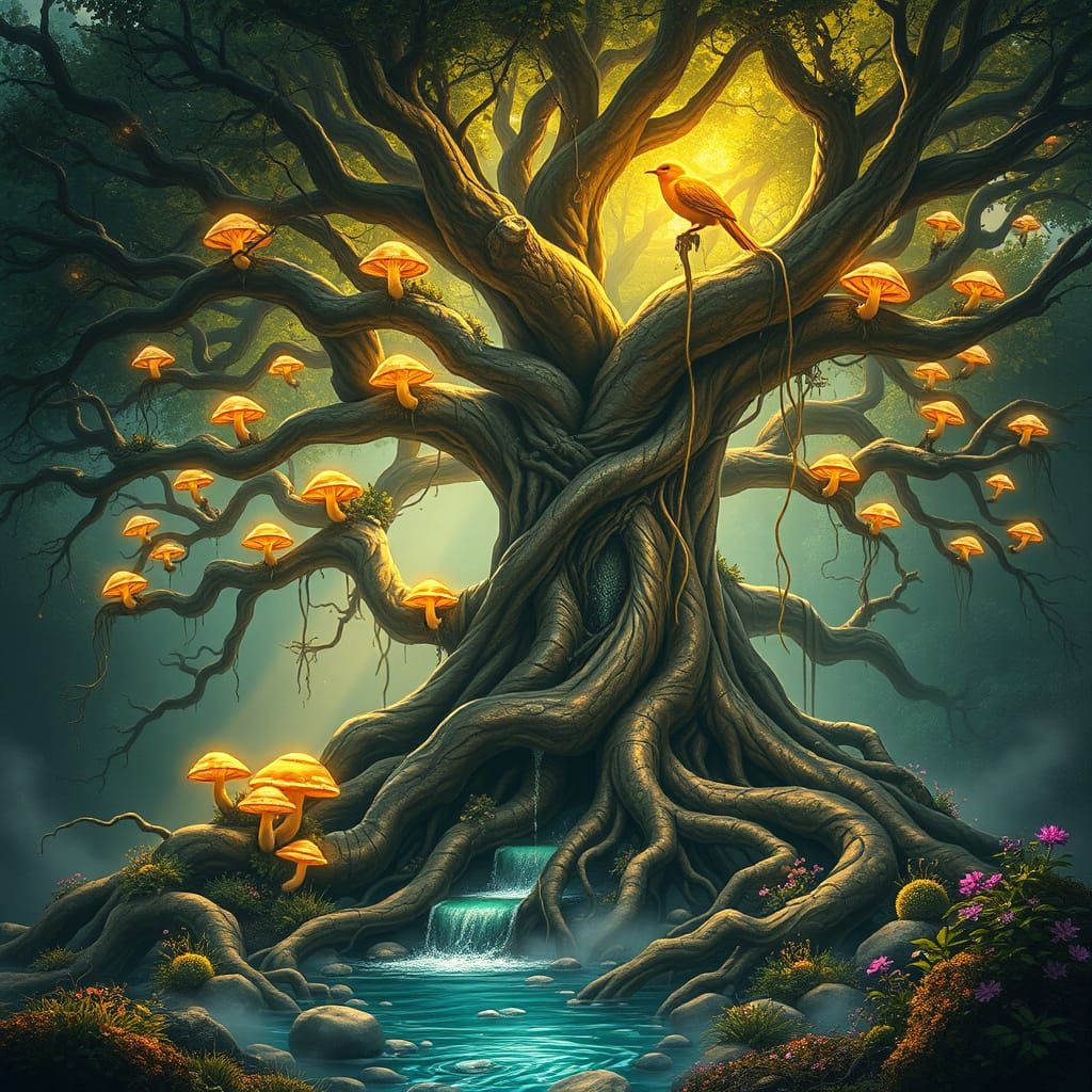 Majestic Tree of Life Radiates Ethereal Glow in Mystical Rea...
