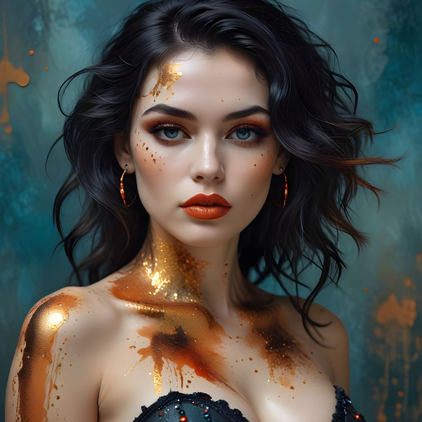 Futuristic Fantasy Goddess in Deep Teal and Gold