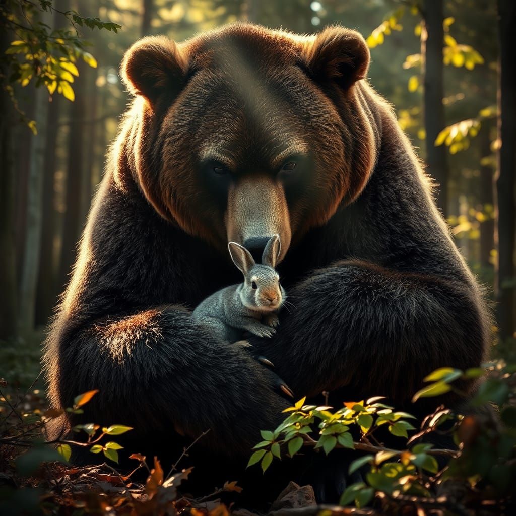 Grizzly Bear Hugs Bunny in Forest Glade