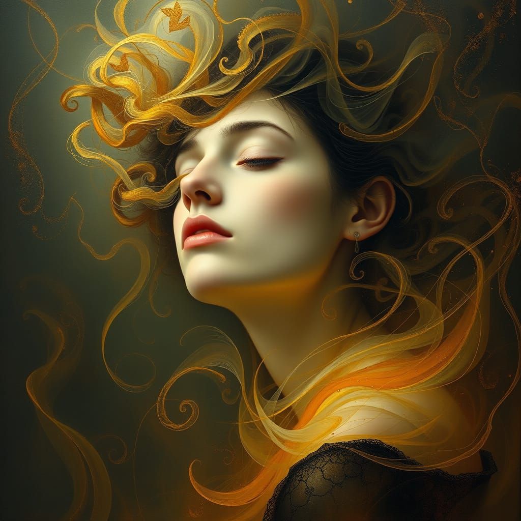 Surrealist Woman Lost in Thought with Golden Light and Mist