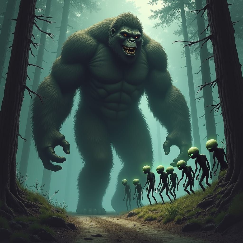 Bigfoot Greets Aliens in a Dark Forest