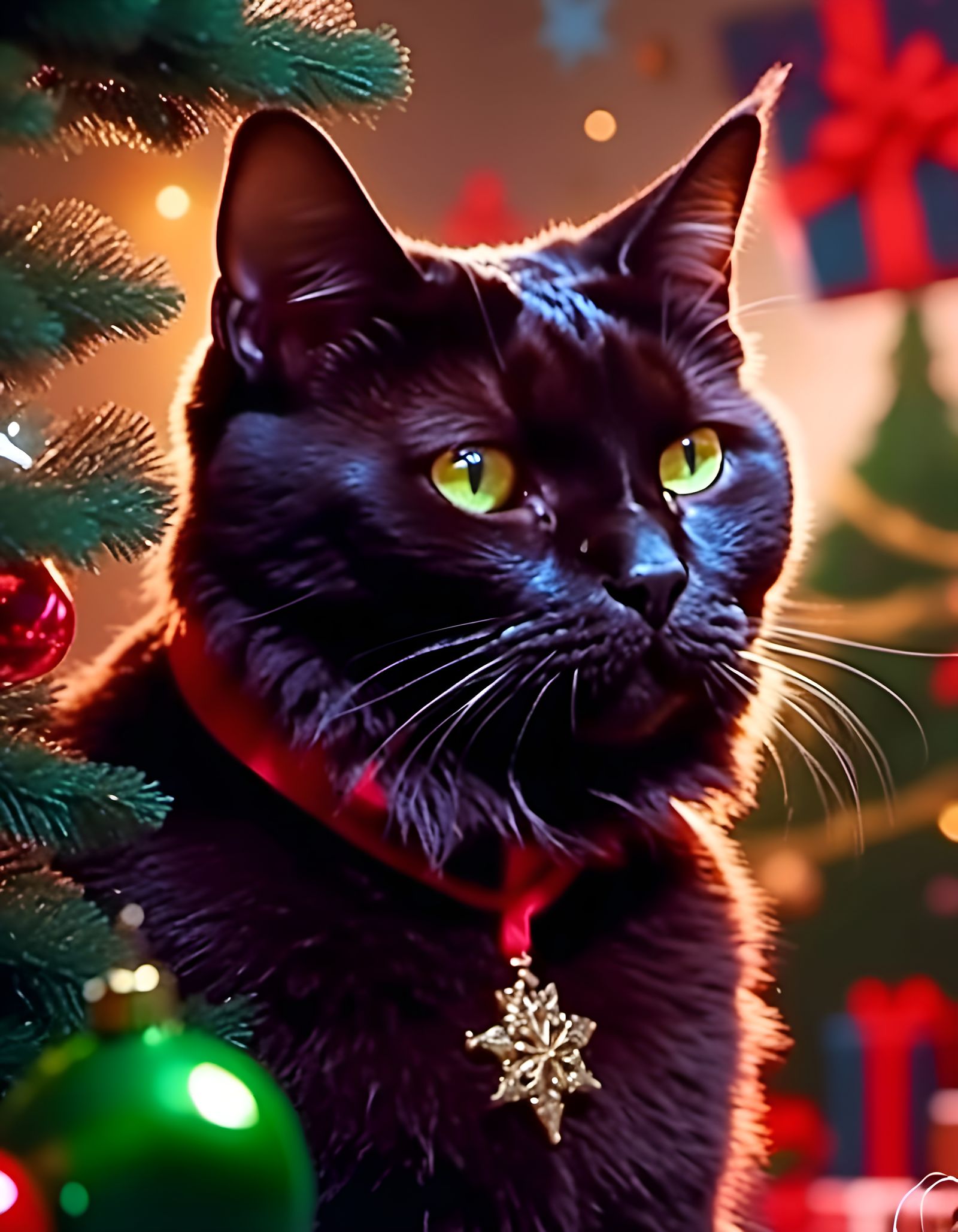 Festive Cat Portrait Under Christmas Tree