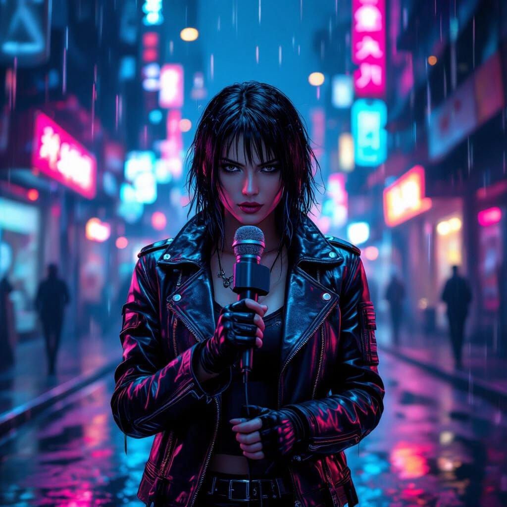Cyberpunk Reporter in Neon-Lit Cityscape
