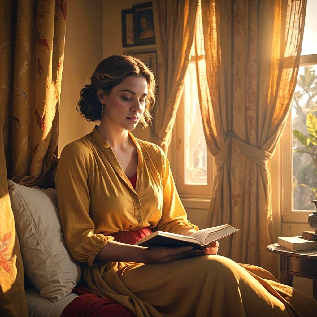 Woman Reading in Sunlit Greek-Style Bedroom