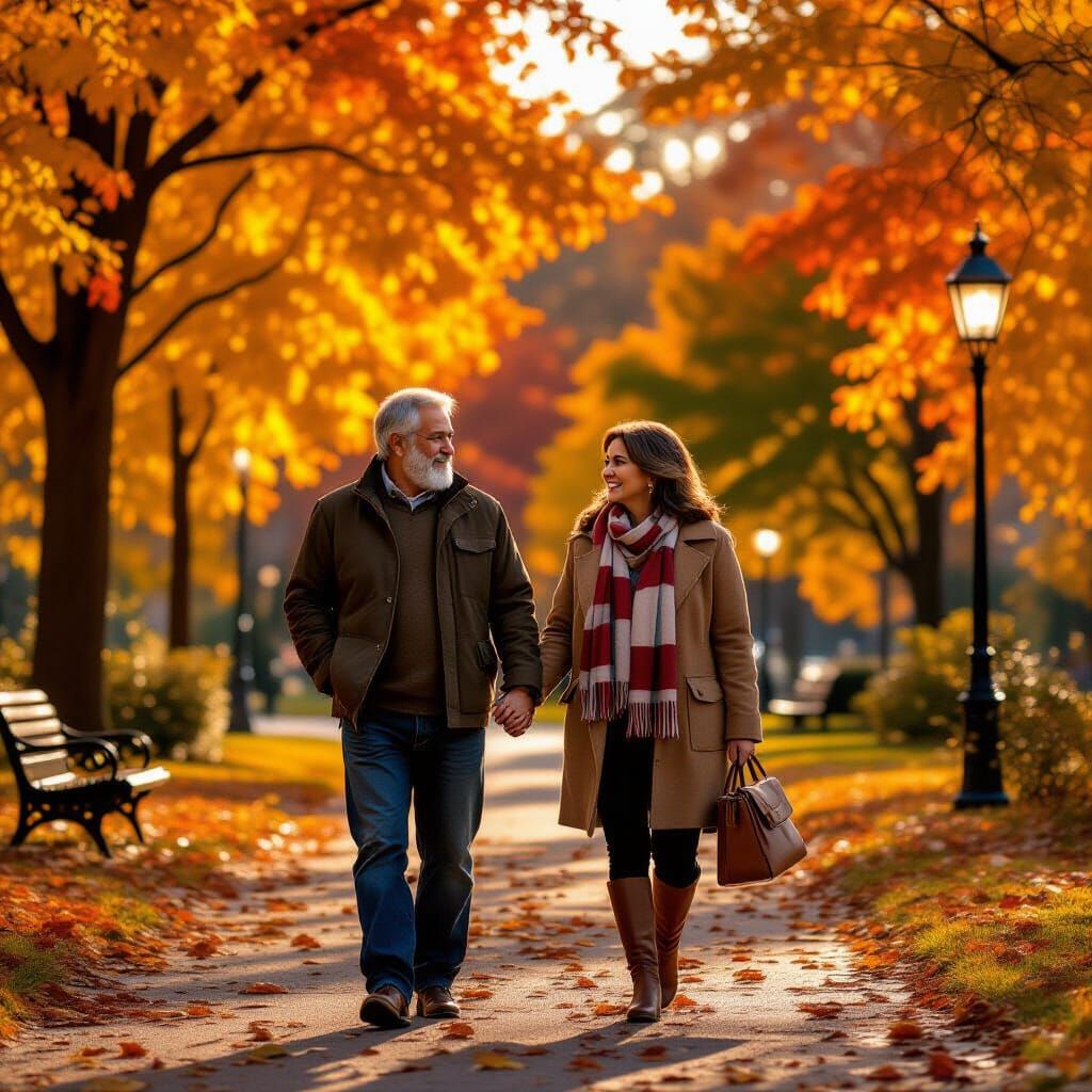 Hispanic Couple Stroll Through Autumn Park
