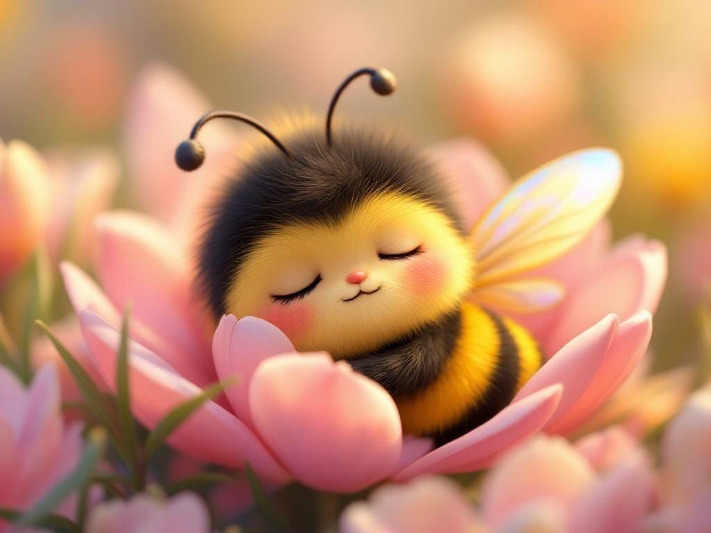 Sleepy Bumblebee in Pastel Flower Bed