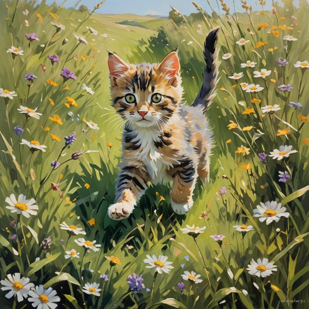 Kitten Running in Meadow: Impressionist Oil Painting