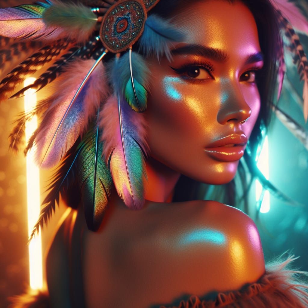 Neon Portrait of Indigenous Woman with Feathers