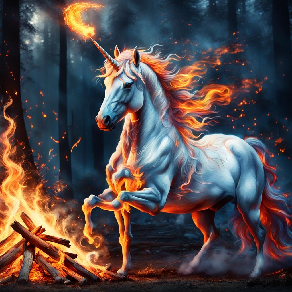 Flaming Unicorn Beside Bonfire in Romantic Realism