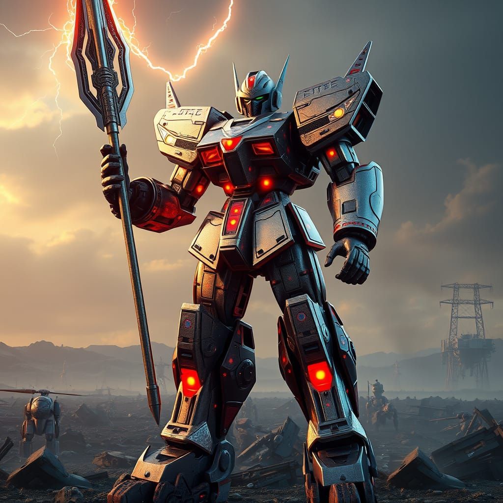 Polka Dot Mecha Warrior Triumphant on Battlefield