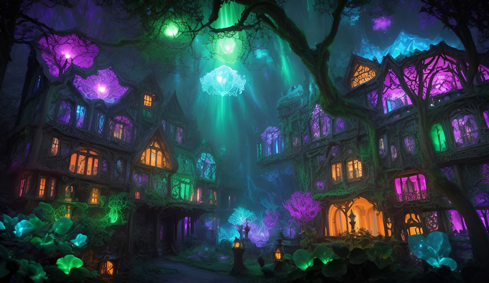 Bioluminescent Cottage in Mystical Forest at Night