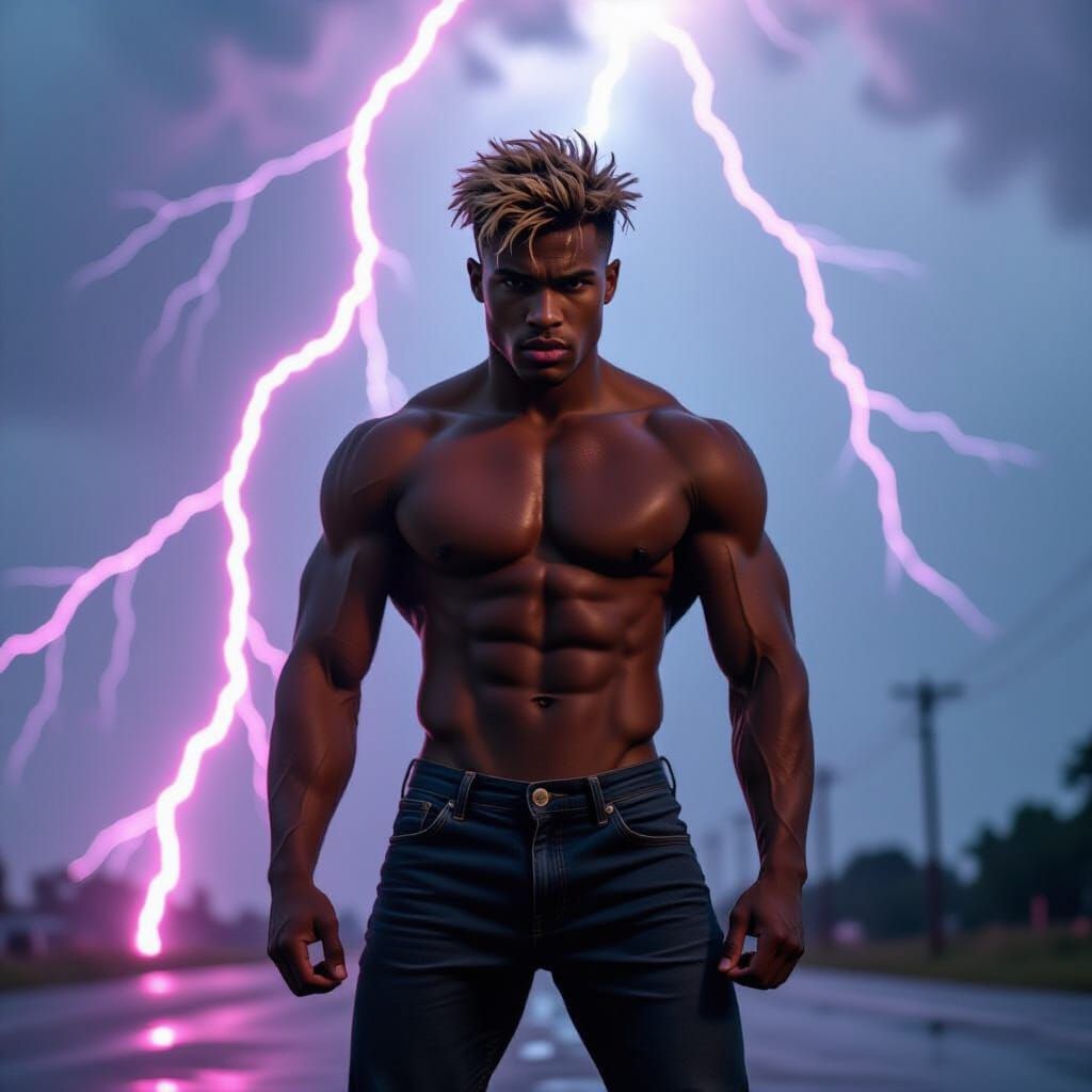 Handsome Man in Storm with Pink Lightning