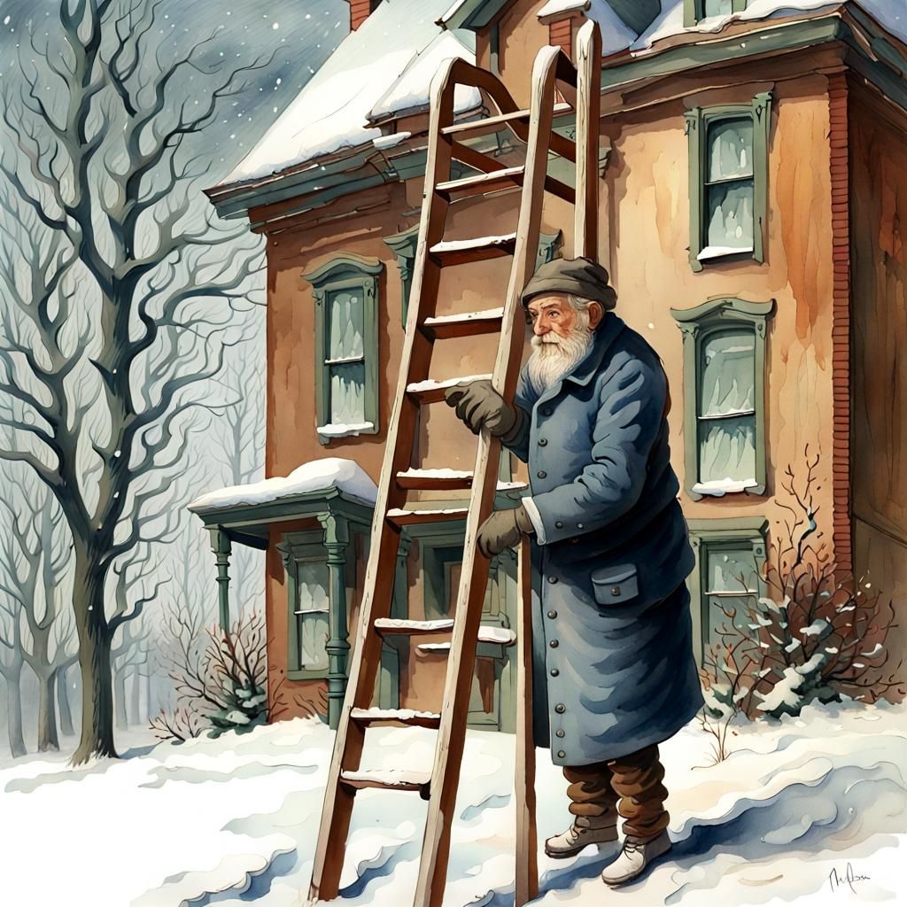 Festive Winter Scene with Old Man and Ladder