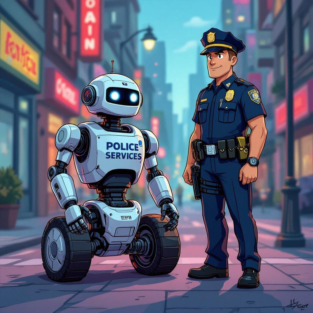Police Robot and Officer on Vibrant City Sidewalk Cartoon