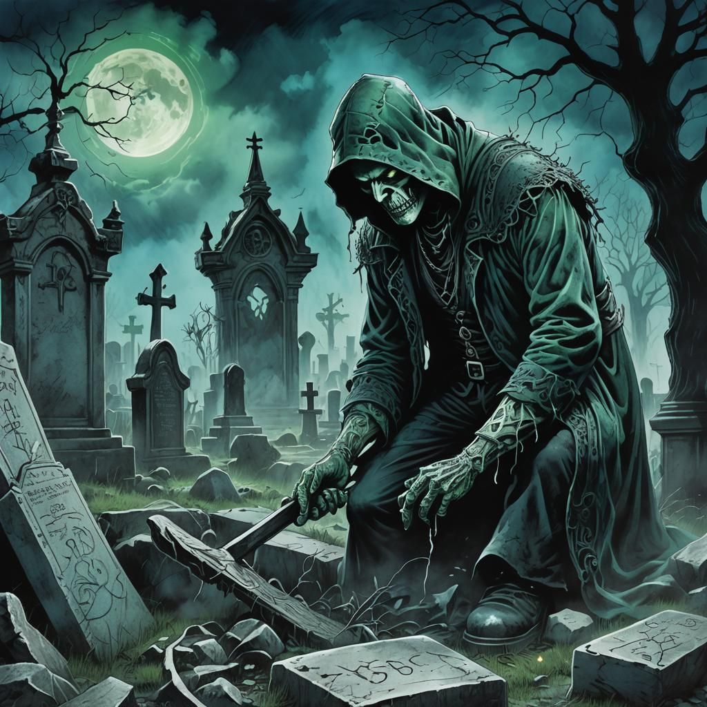 Grave Digger in Haunted Cemetery at Night