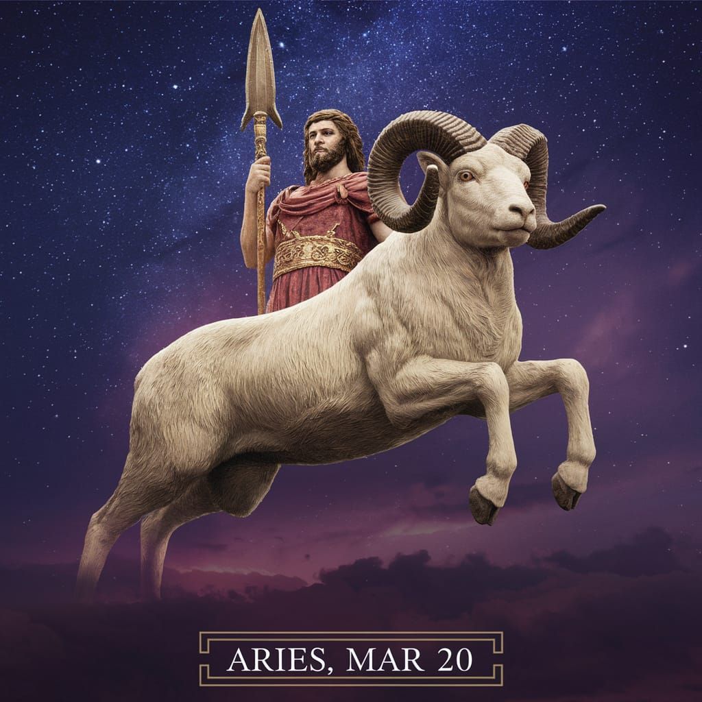 An image of Ares, the god of war, in the stars beside a magnificent ram with a golden fleece. The caption reads, "Aries,...