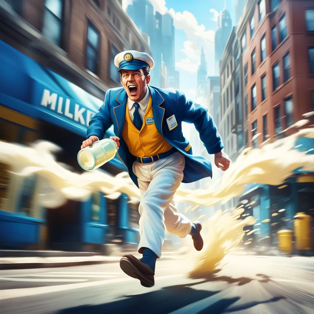 Retro Milkman Sprinting in a Dynamic Cityscape
