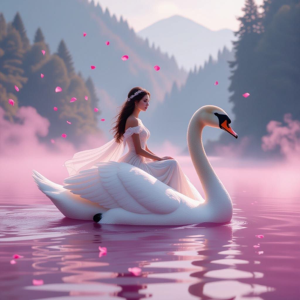 Dreamy Maiden Riding Swan on Misty Lake