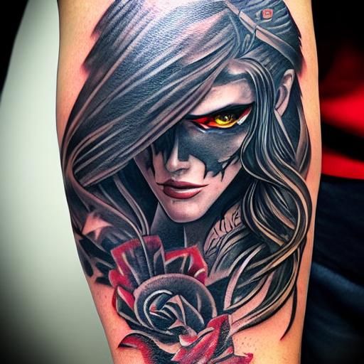 high quality 4k high detailed portrait of beautiful villain fantasy girl with aggressive appearance, tattoo on her arm, ...