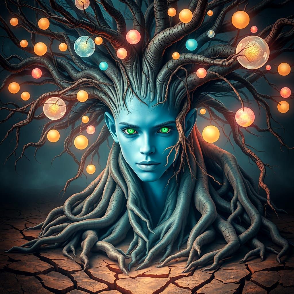 Enigmatic Tree Spirit with Glowing Orbs