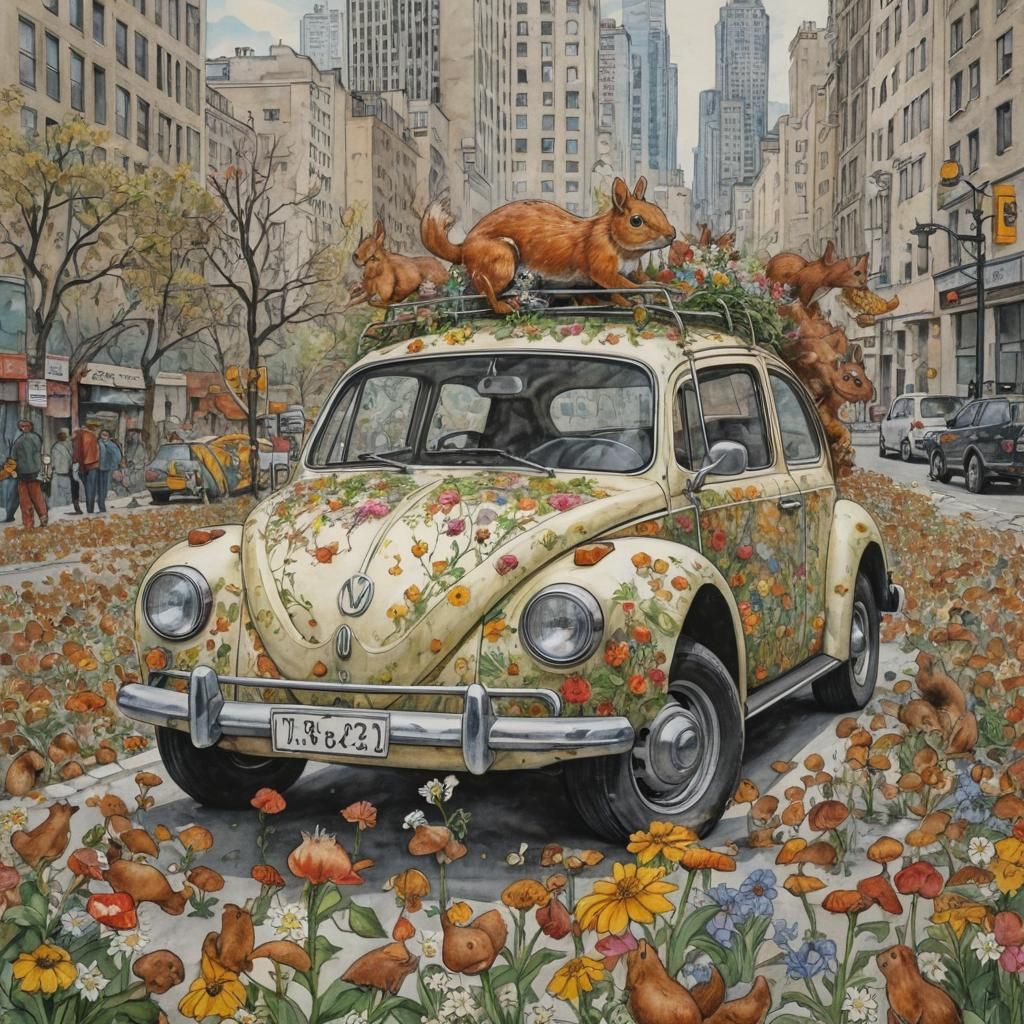 Squirrel-Covered VW Bug in Chagall-Inspired Cityscape