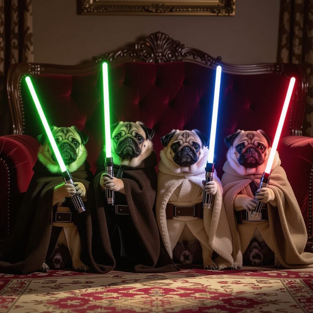 Pugs as Jedi and Sith on Couch with Lightsabers