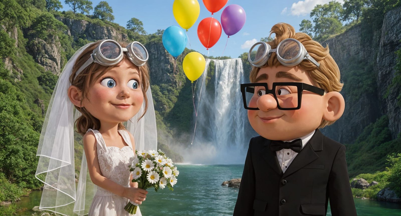 Disney UP Carl and Ellie on there wedding day (flying goggles, balloons, angel falls)