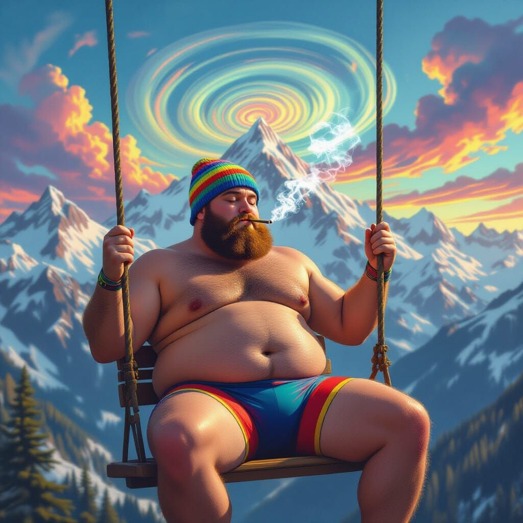 Psychedelic Mountain Smoker: Hyper-Realistic Digital Art