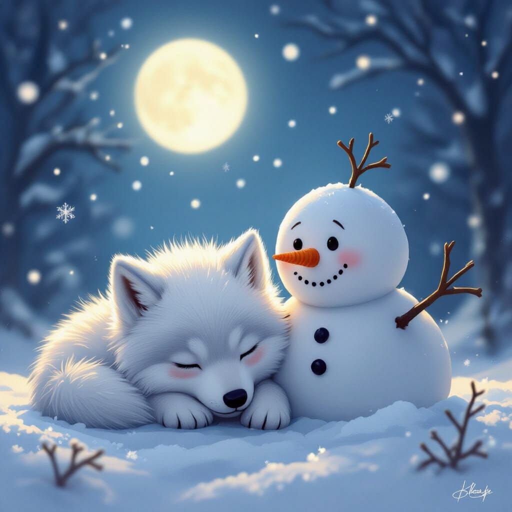Baby Snow Wolf Sleeps Beside Friendly Snowman Under Winter M...