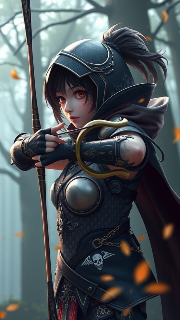 Armored Archer Aiming in Mystical Forest: Anime 3D Art