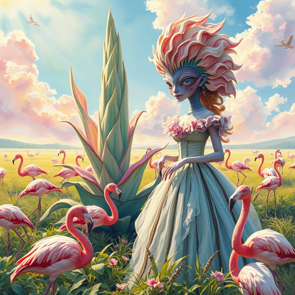 Alien Botanist with Flamingos in Magical Field