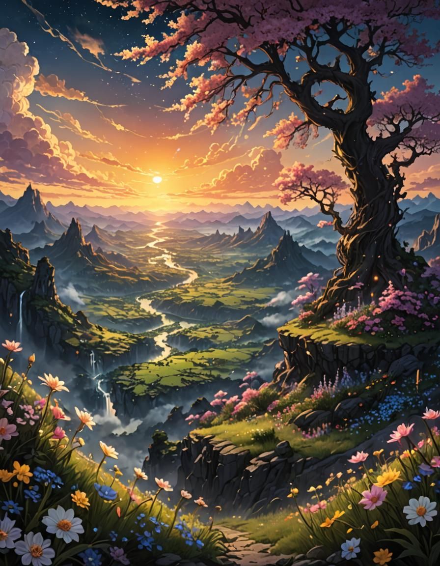 Fantasy Dragon Valley with Spring Flowers in Anime Art