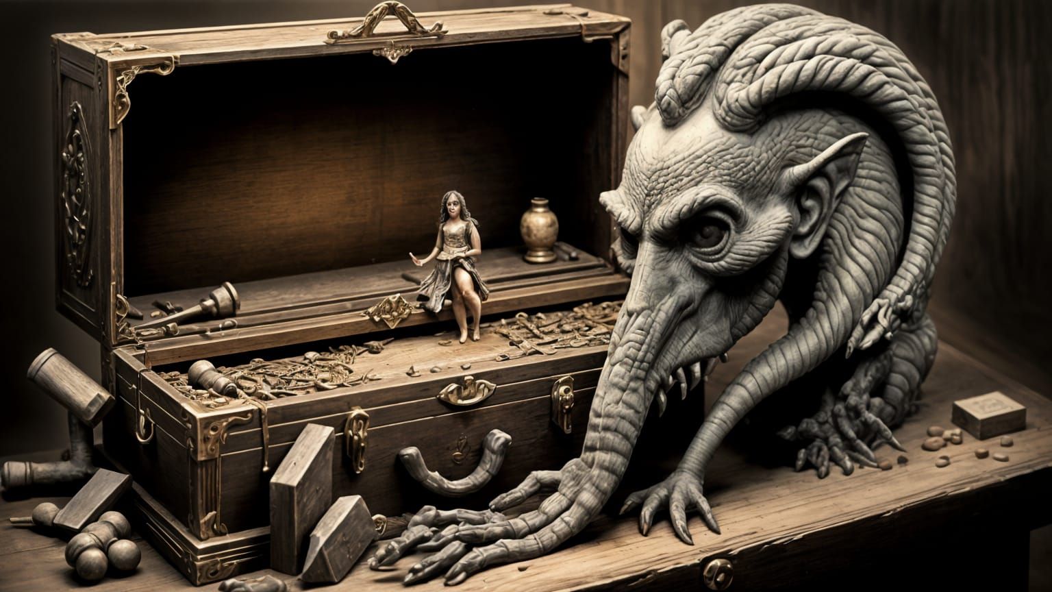 Miniature Demon Reaching Out From Musical Box