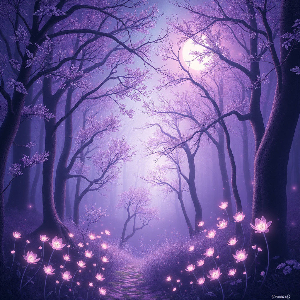 Dreamlike Purple Forest with Silver Leaves and Moon